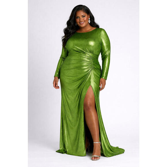 Mac Duggal Dresses & Skirts - Mac Duggal 27165 Metallic Apple Green Ruched Long Sleeve Slit Gown Size 16